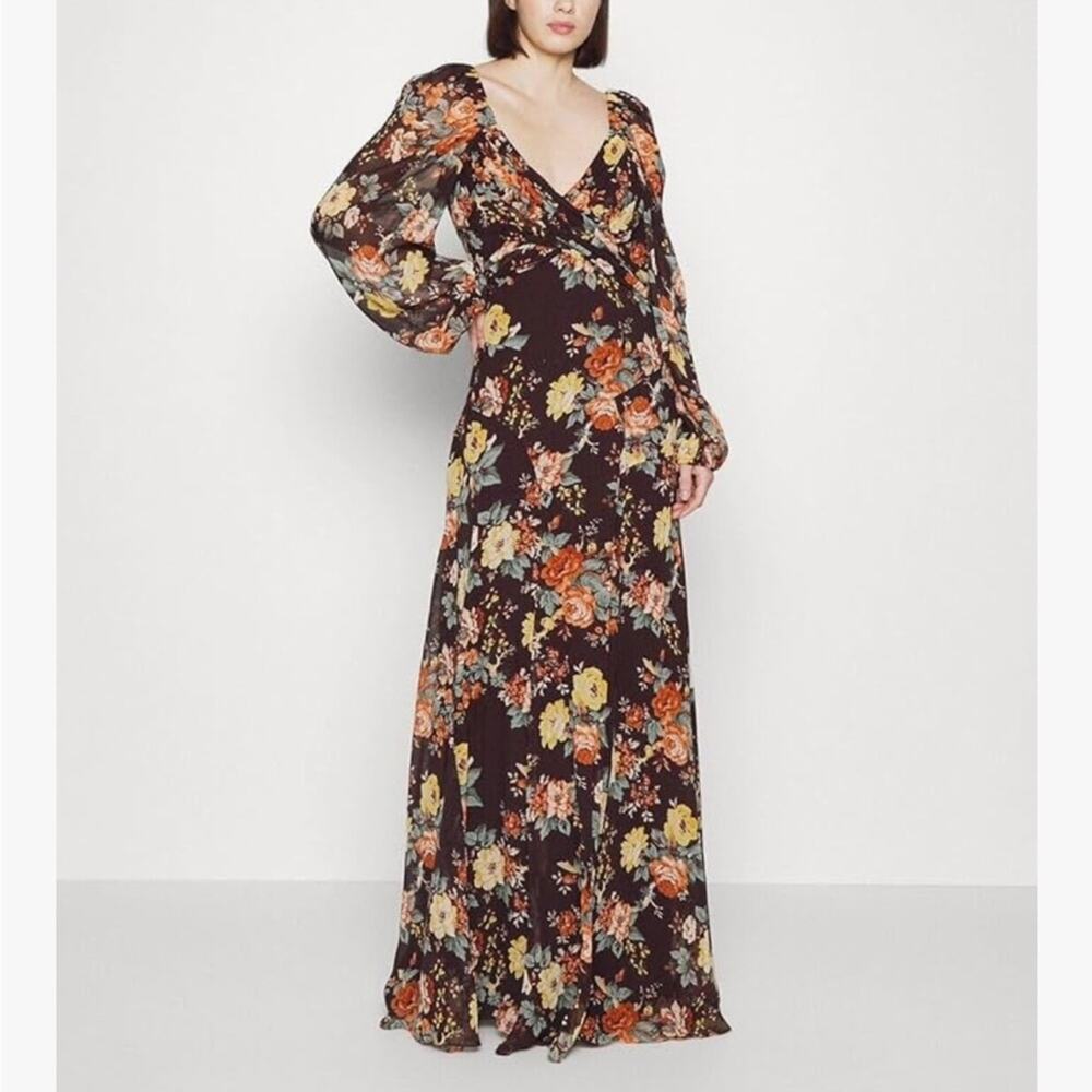 Veronica Beard Avani brown floral silk bias cut maxi dress with slit EUC - Picture 3 of 16